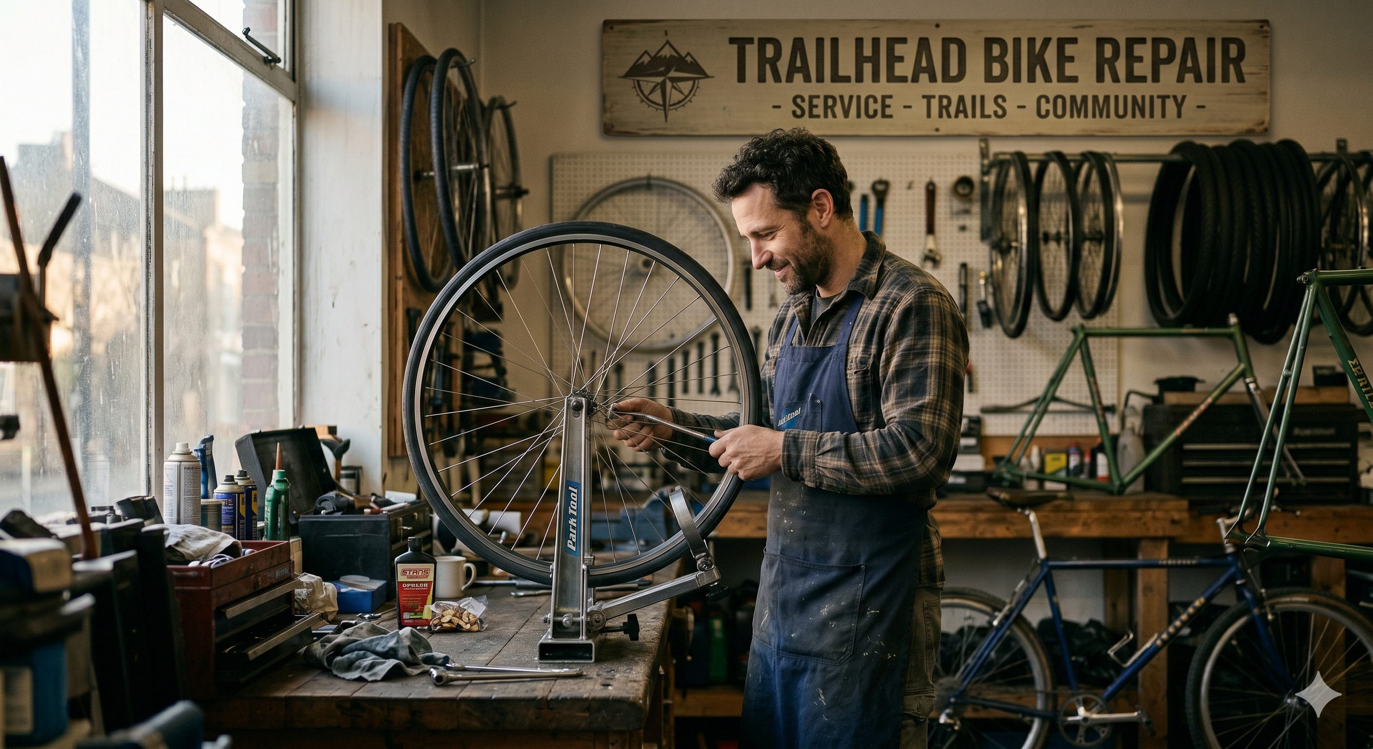 Bike mechanic truing a wheel inside Trailhead Bike Repair workshop