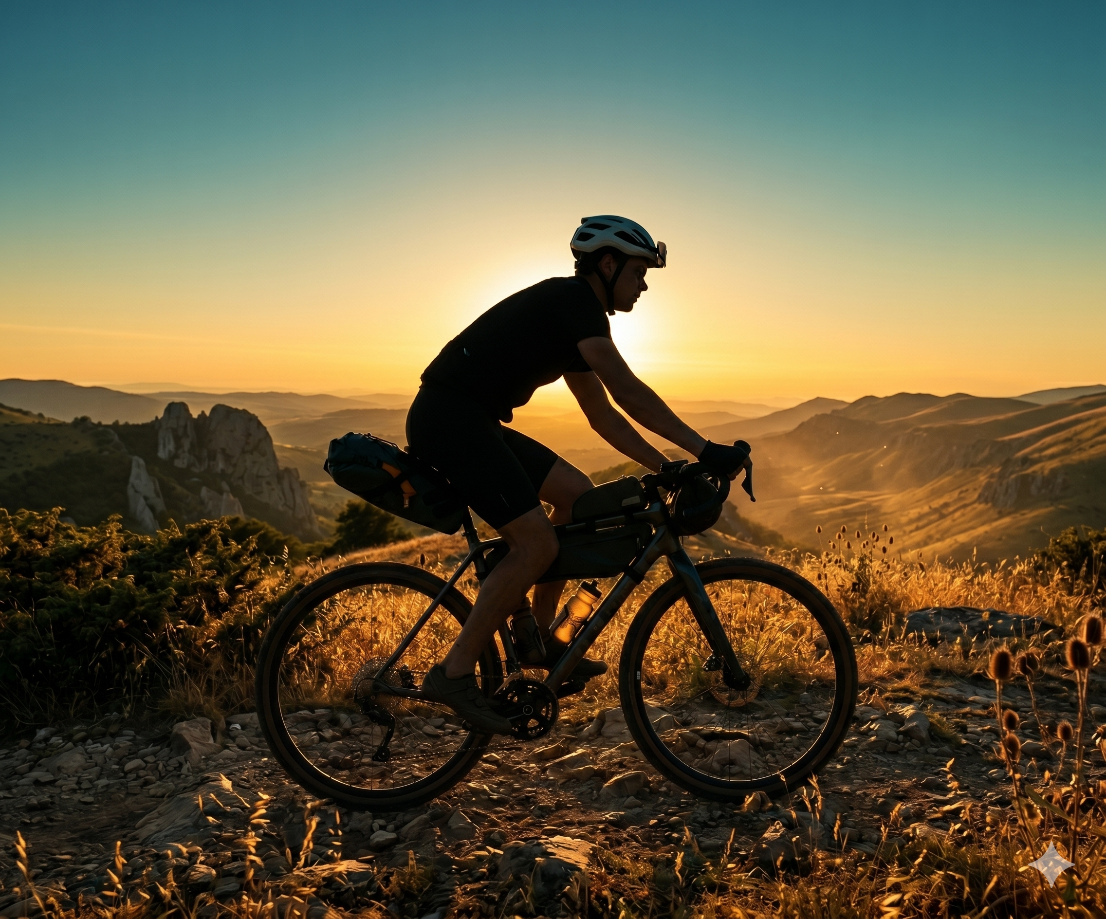 Cyclist riding through golden mountain terrain at sunset