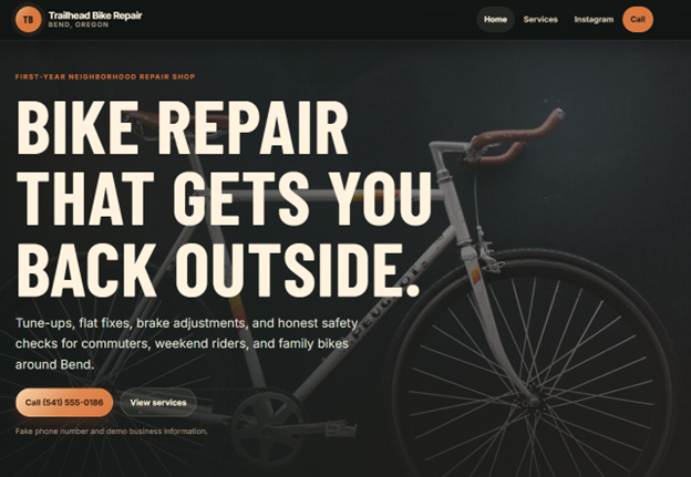 Trailhead Bike Repair demo site screenshot