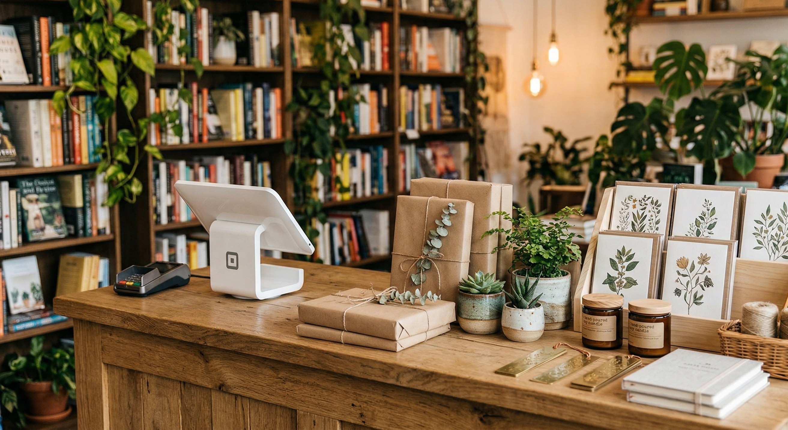 The shop counter with wrapped goods and a welcoming arrangement