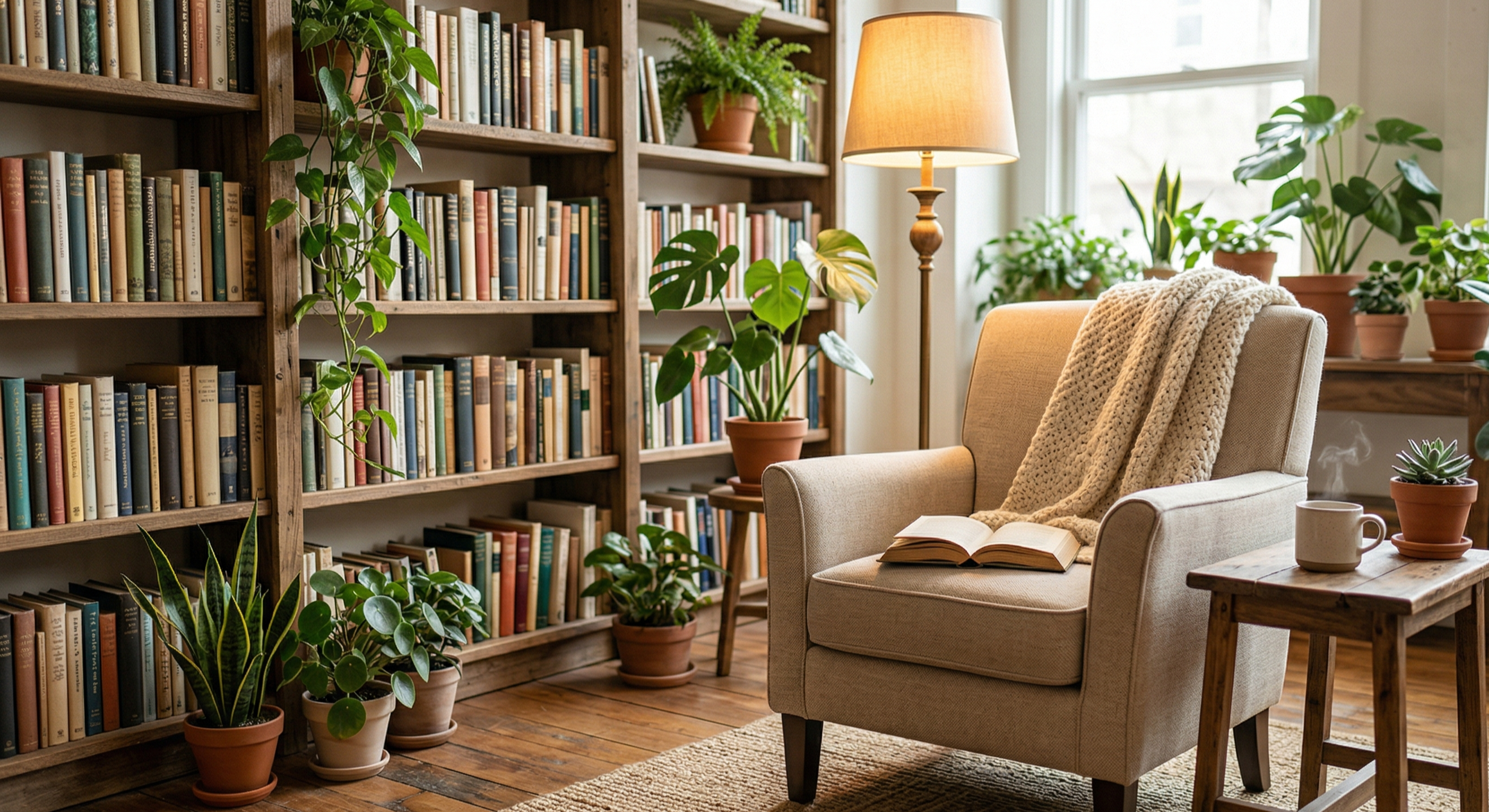 A cozy reading nook with soft light, books, and plants arranged for lingering